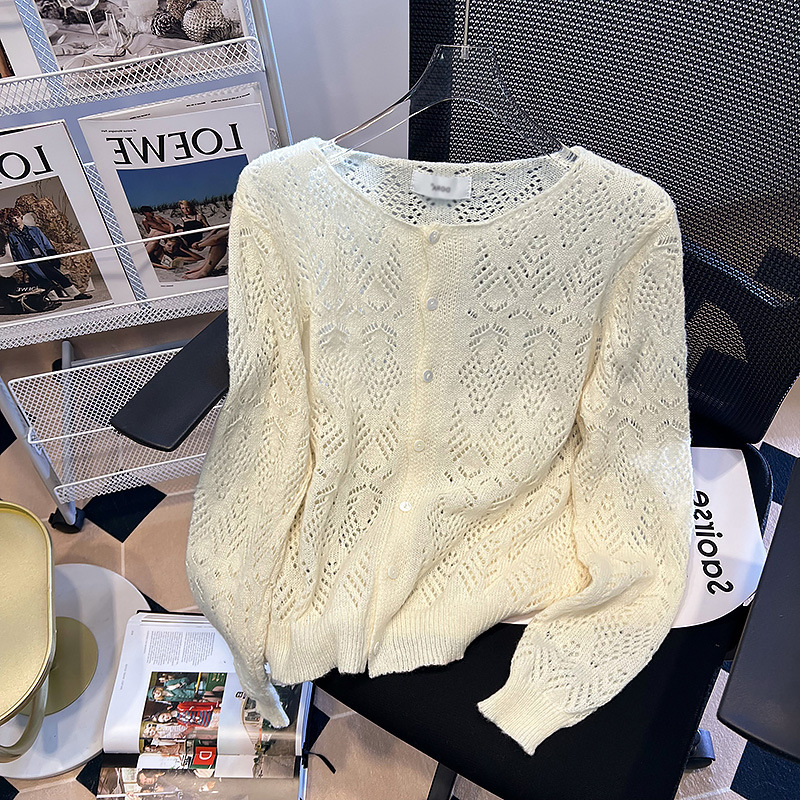 Women's Autumn Crew Neck Hollow out Gentle Sweaters Cardigan White - Shop at LoveMi