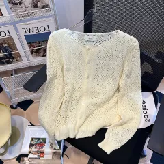 Women's Autumn Crew Neck Hollow-out Gentle Sweaters Cardigan - Milky White - View 1