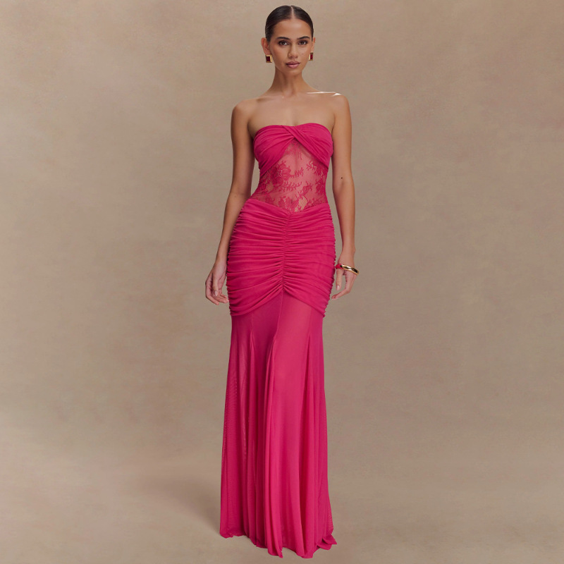 Strapless Lace panelled Asymmetrical Dress Rose - Shop at LoveMi