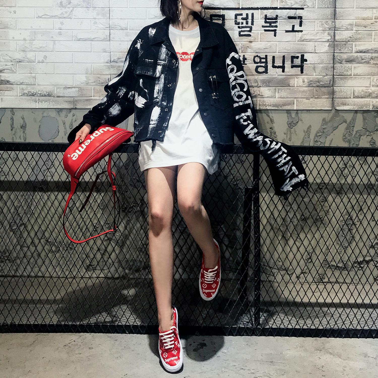 Loose Doodle Hand Drawn Washed Destroyed Big Pin Couple Denim Jacket Coat