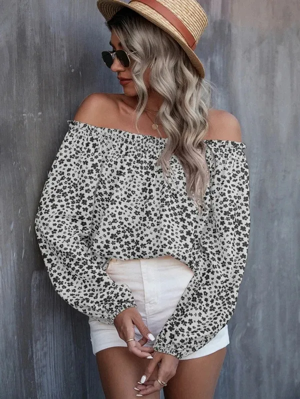 Women's Off shoulder Printed Long Sleeve Loose Shirt White - Shop at LoveMi