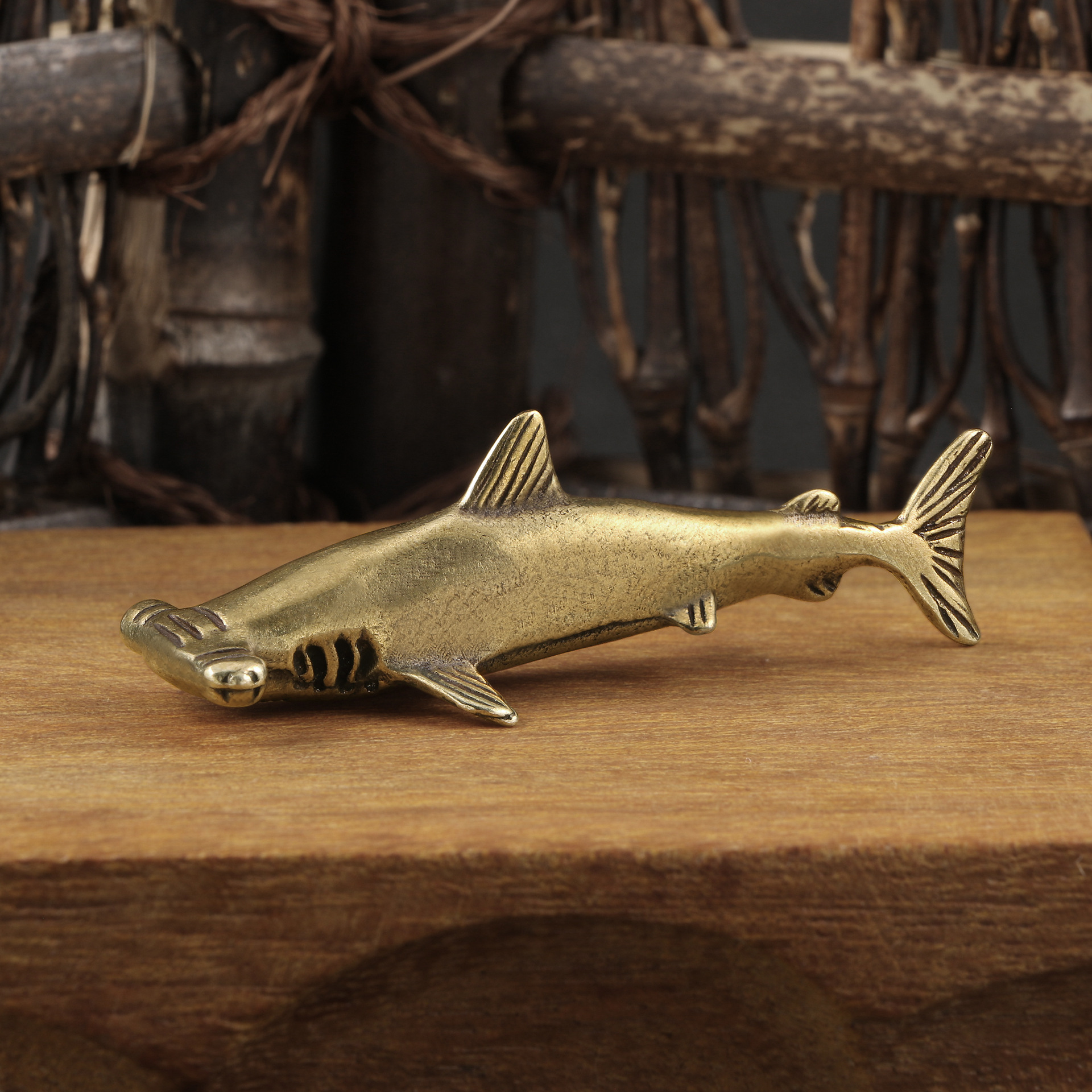 Antique-style Handmade Brass Hammerhead Shark Ornament