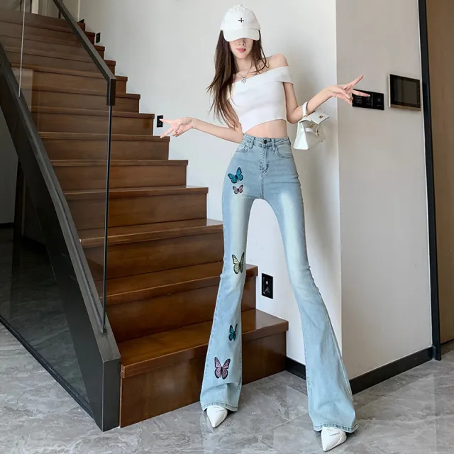 Printed Butterfly Slightly Flared Jeans Female Blue - Shop at LoveMi