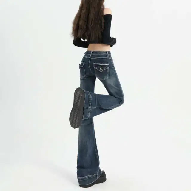 American Retro Stretch Washed Spicy Girl Flare Pants Women Low Waist Slimming Dark Blue Lengthened - Shop at LoveMi