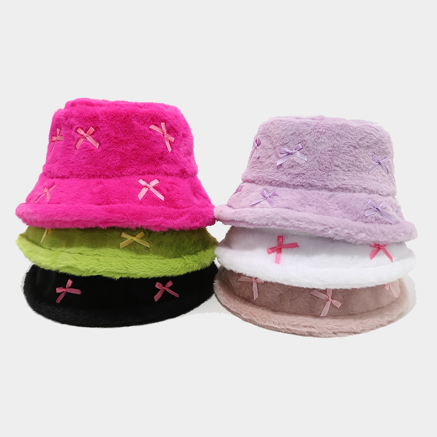 Japanese-style Fresh And Girly Plush Bucket Hat With An Elaborate Bow For Women