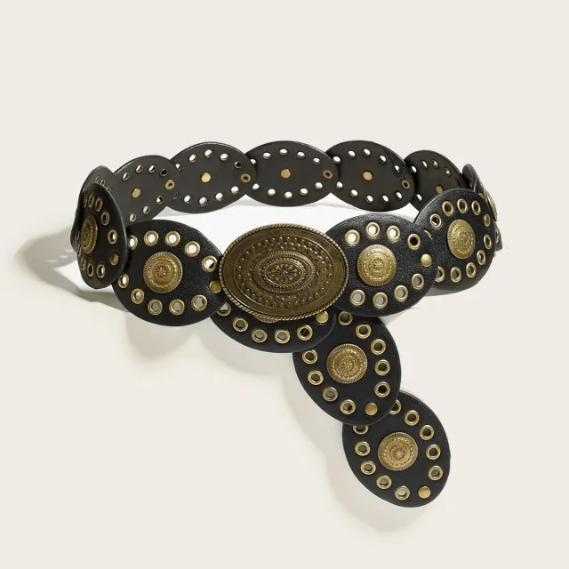Ethnic Style Round Cake Stitching Decorative Rivets Vintage Belt Black - Shop at LoveMi