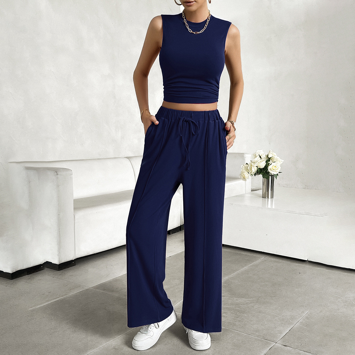 Urban Casual Solid Color Top Vest Pants Suit