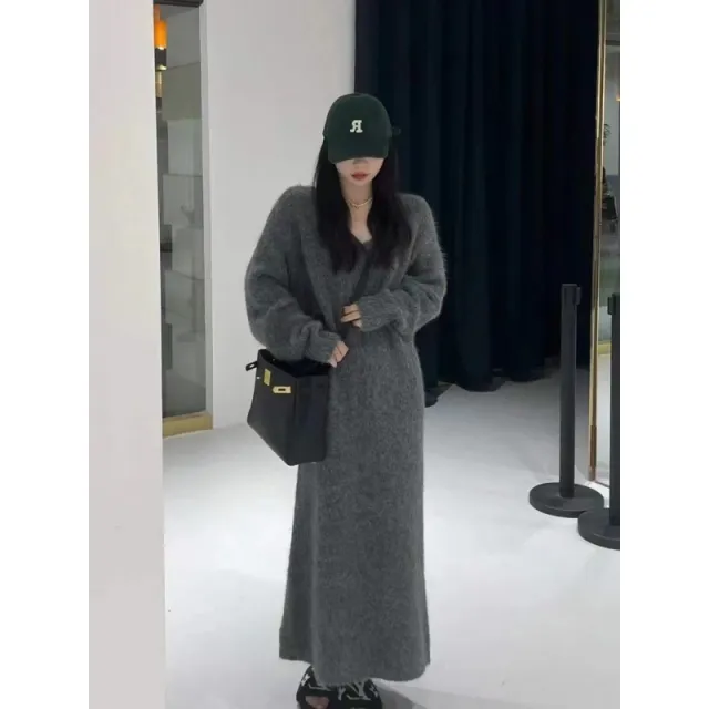 Autumn And Winter New Korean Style Knitted Long V neck Base Woolen Skirt Gray - Shop at LoveMi