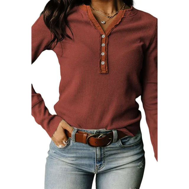 Solid Color Waffle European And American Leisure Trim Neckline Slim Sweater Brown - Shop at LoveMi