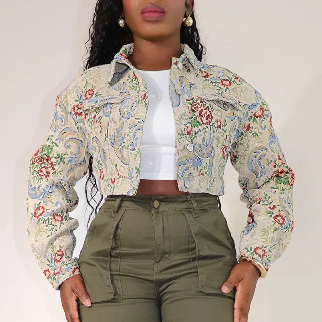 Art Student Style Short Coat Vintage Jacquard Cardigan Jacket Apricot - Shop at LoveMi