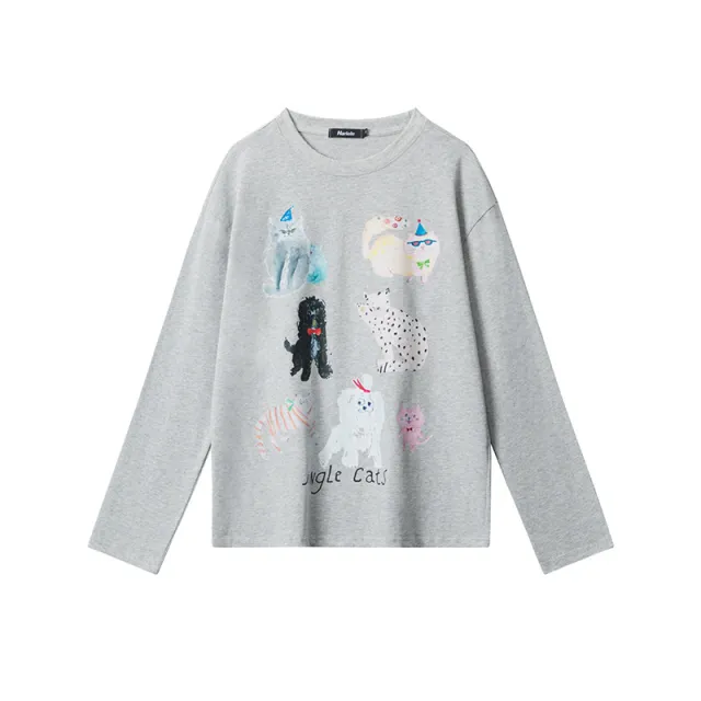 Casual Loose Long sleeved Women's Cat Graffiti Round Neck Top Flower Gray - Shop at LoveMi
