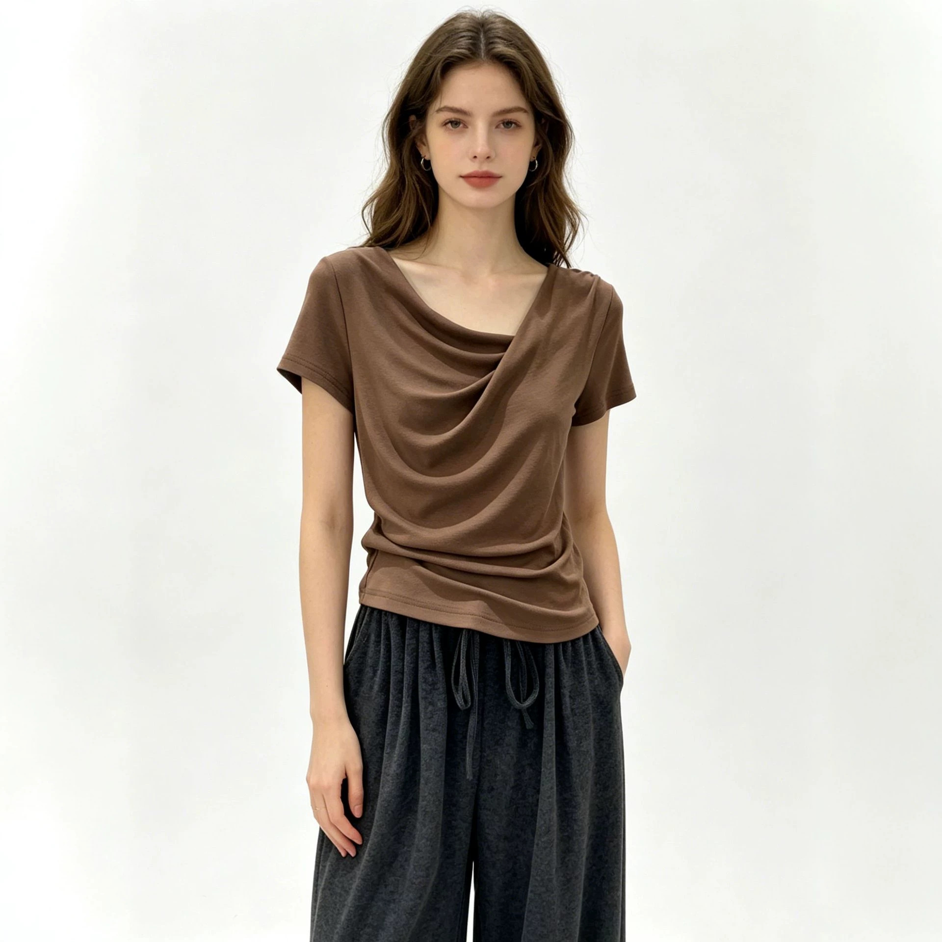 Design-focused Asymmetrical Boat-neck Short-sleeve T-shirt For Women