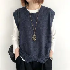 Knitted Vest Women's Vest Solid Colour Loose Round Neck Irregular Pullover Short Crop-top Outerwear - Grey And Blue - View 1