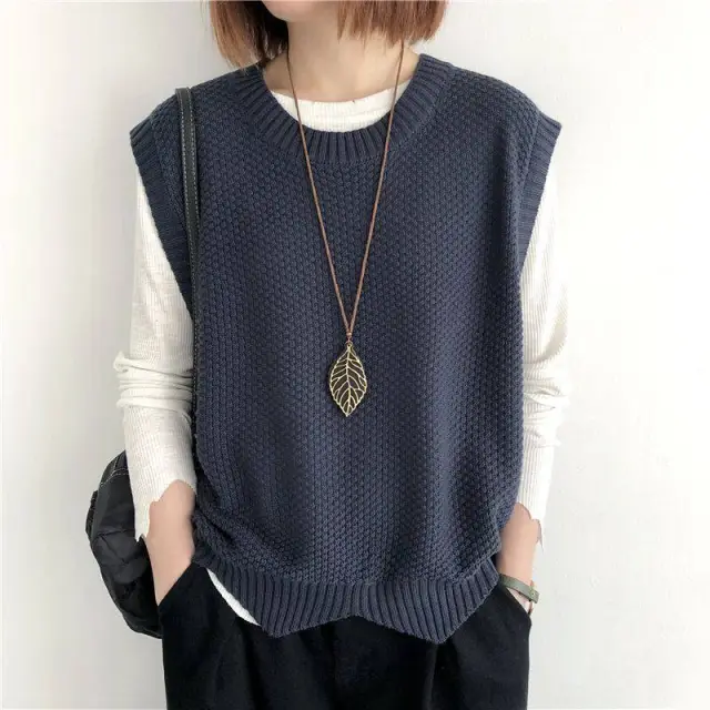 Knitted Vest Women's Vest Solid Color Loose Round Neck Irregular Pullover Short Crop top Outerwear Gray And Blue - Shop at LoveMi