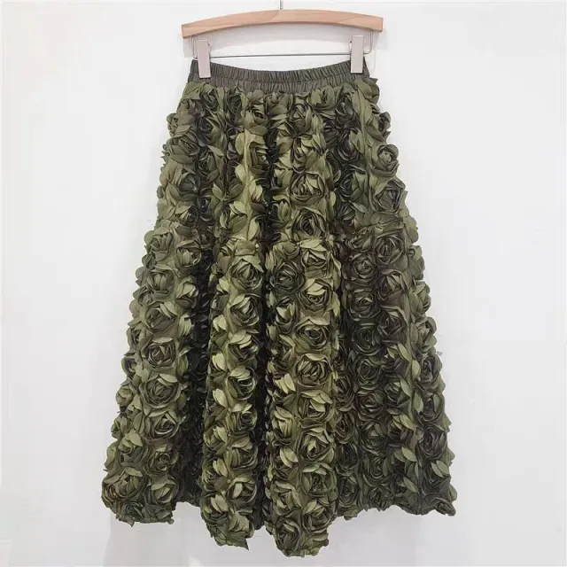 Three dimensional Flower High Waist Big Swing A Line Skirt Long Dress For Women Green - Shop at LoveMi