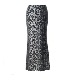 Leopard Print Sequin Stitching Stretch Skirt - Gray - View 1