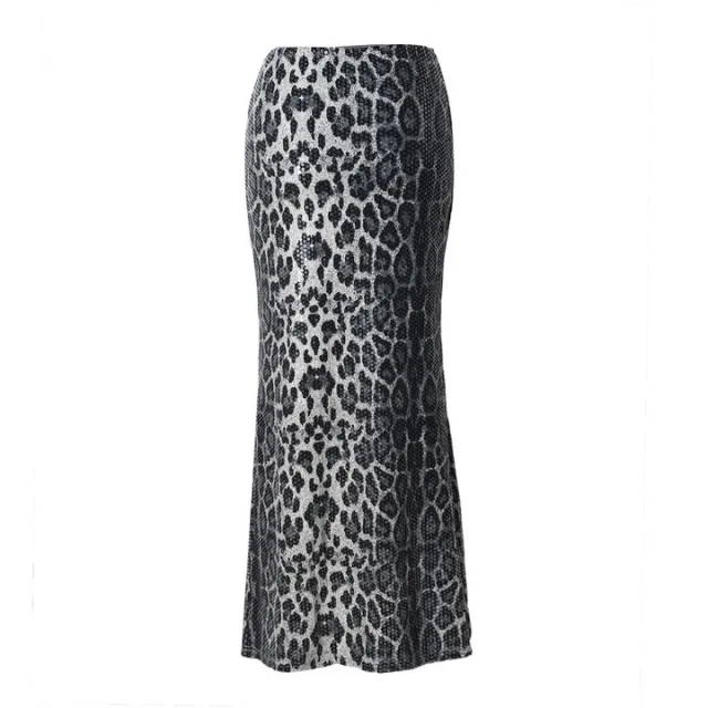 Leopard Print Sequin Stitching Stretch Skirt Gray - Shop at LoveMi