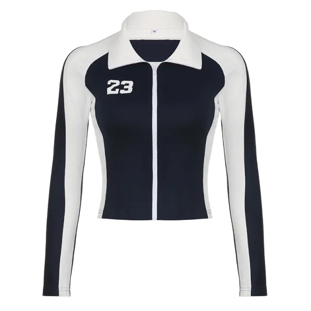 Locomotive Style Trendy Black And White Color Contrast Patchwork Polo Collar Jacket Blue - Shop at LoveMi