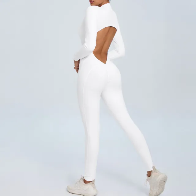 Women's Solid Color Backless Long sleeve Zipper One piece White - Shop at LoveMi
