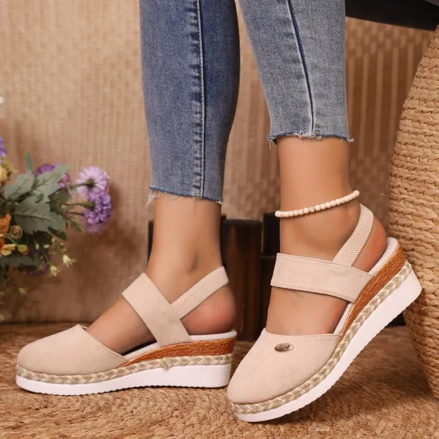 Hemp Rope Wedges Sandals Summer Lightweight Braided Closed Toe Elastic Band Shoes For Women Beige - Shop at LoveMi