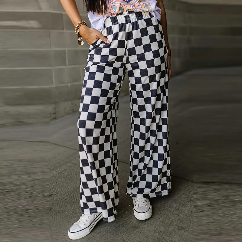 Spring New Chessboard Plaid Printed Casual All-match Loose Wide-leg Pants