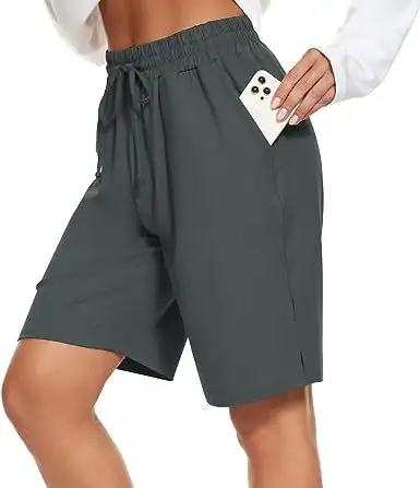 Womens Bermuda Shorts Knee-Length Elastic Waist Drawstring Workout Basketball Cropped Pants