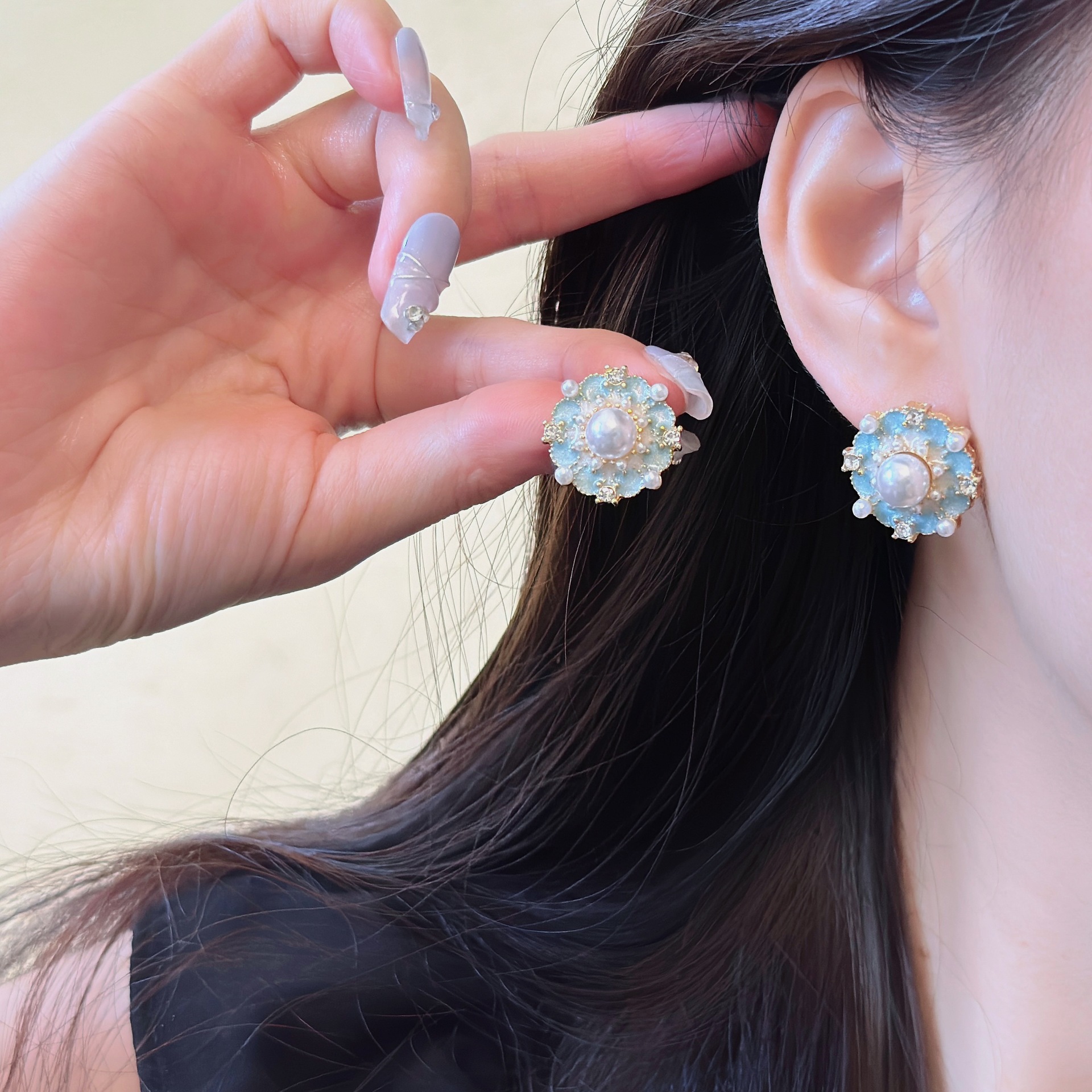New French-style Blue Oil-drop Flower Stud Earrings