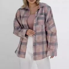 Plaid Long Sleeve Shirt Baggy Coat Women - Plaid-L - View 1