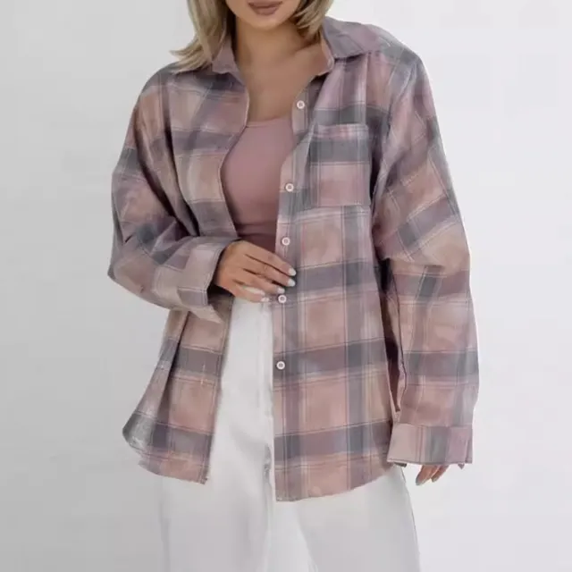 Plaid Long Sleeve Shirt Baggy Coat Women Plaid S - Shop at LoveMi