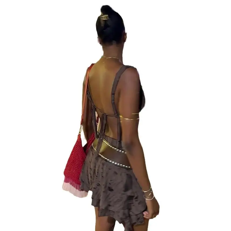 Deep V Halter Backless Ripped Old Waste Soil Wind Irregular Dress