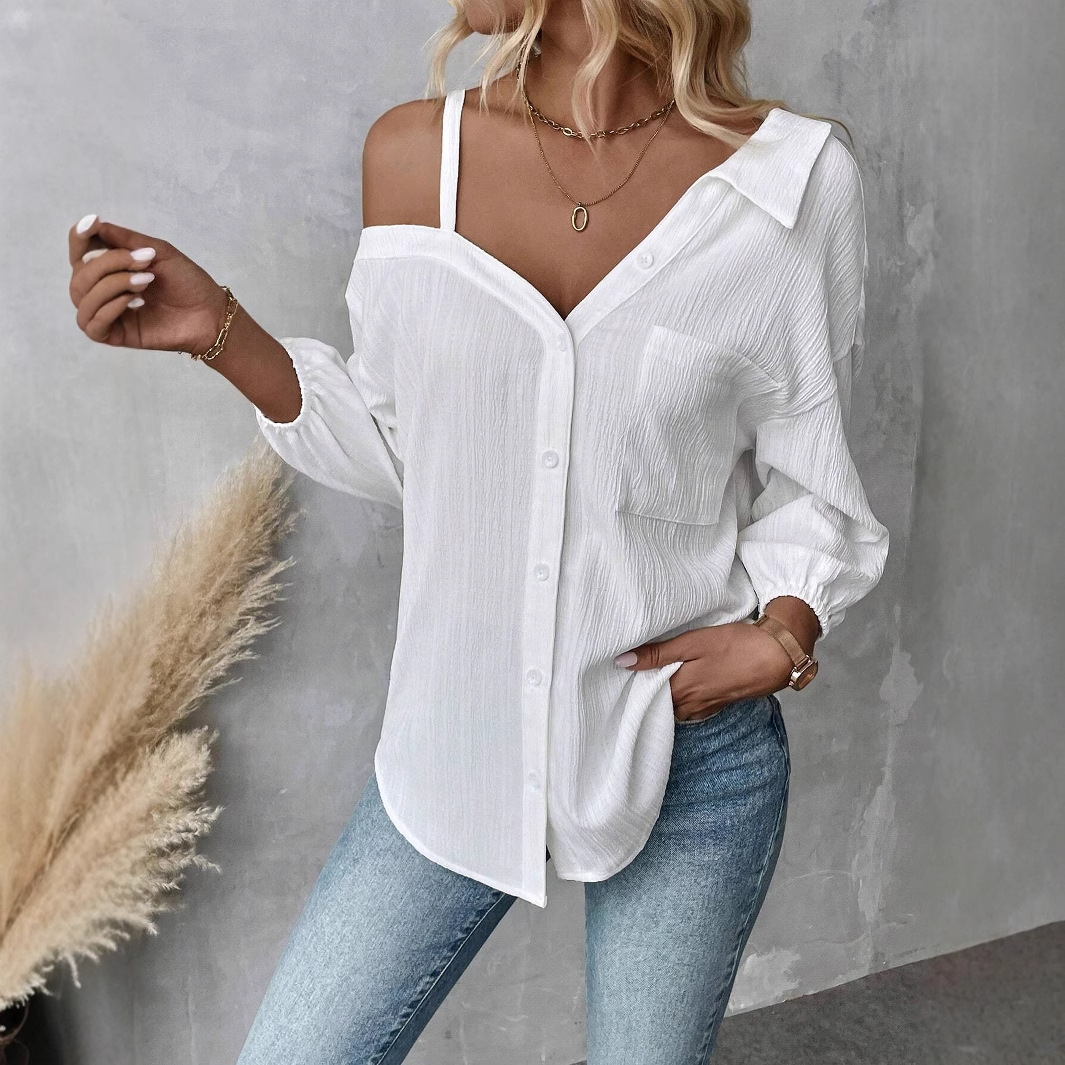 European And American Style Lapel Three-quarter Sleeve Off-shoulder Cardigan Texture Single-breasted Shirt