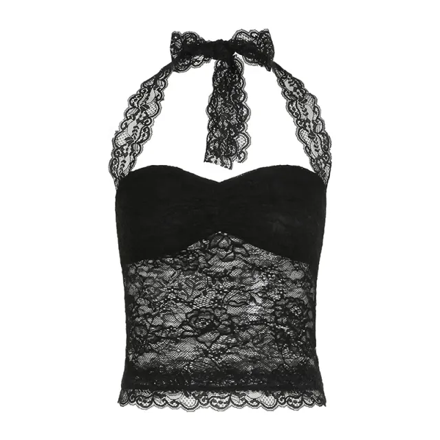 Pure Desire Style Sexy Slim Top Lace Stitching Halter Lace up Vest Black - Shop at LoveMi