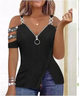 Women's Rhinestone Zipper Eyelet V neck Raglan Sleeve Sling Irregular T shirt Black - Shop at LoveMi