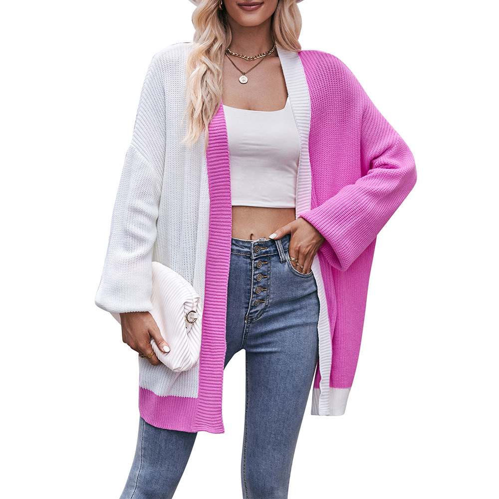 Contrast Color Loose Shawl Mid length Sweater Cardigan Rose - Shop at LoveMi