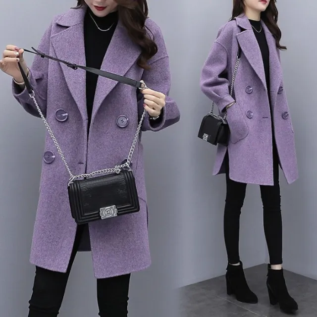 Purple Woolen Coat Women's Mid length Lantern Sleeve Purple - Shop at LoveMi