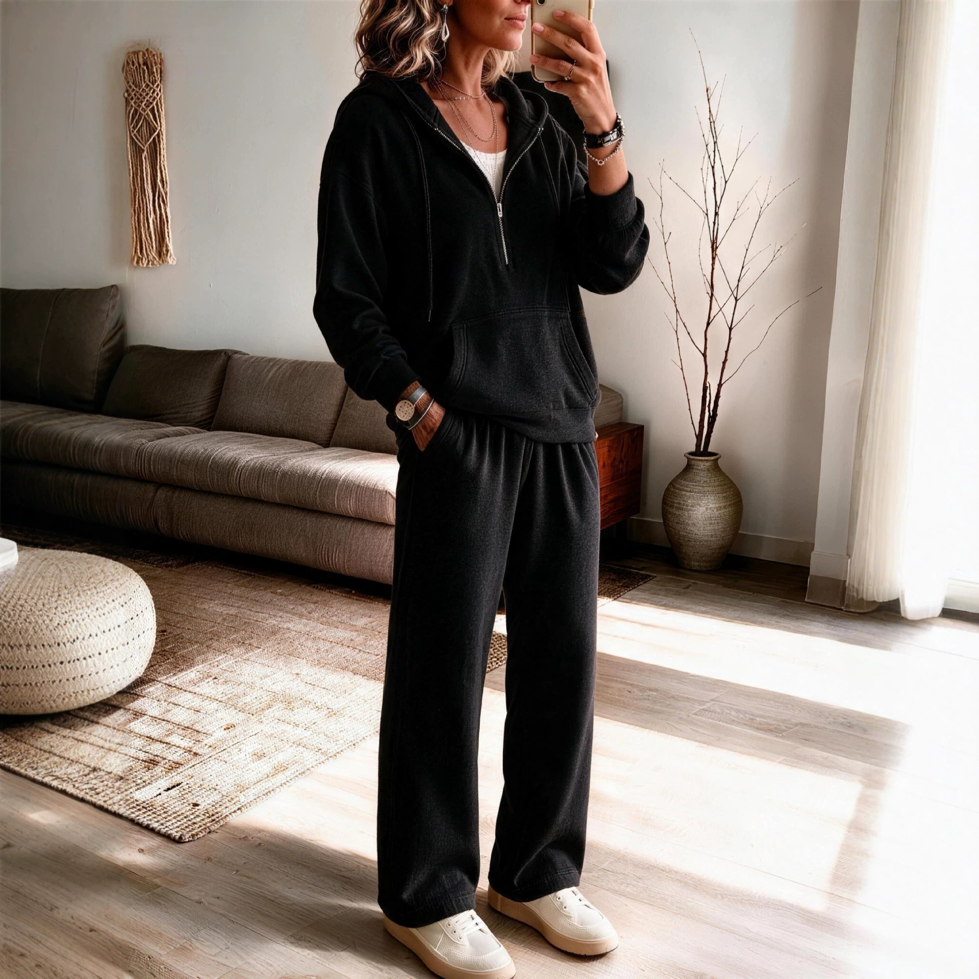 Solid-color Hooded Sweatshirt And Wide-leg Pants Set
