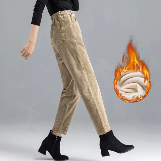 Elegant Striped Pants Tapered Corduroy Women Khaki With Velvet Lining - Shop at LoveMi