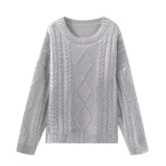 Retro Crew Neck Long Sleeve Rhombus Metal Foil Woven Sweater - Silver - View 1