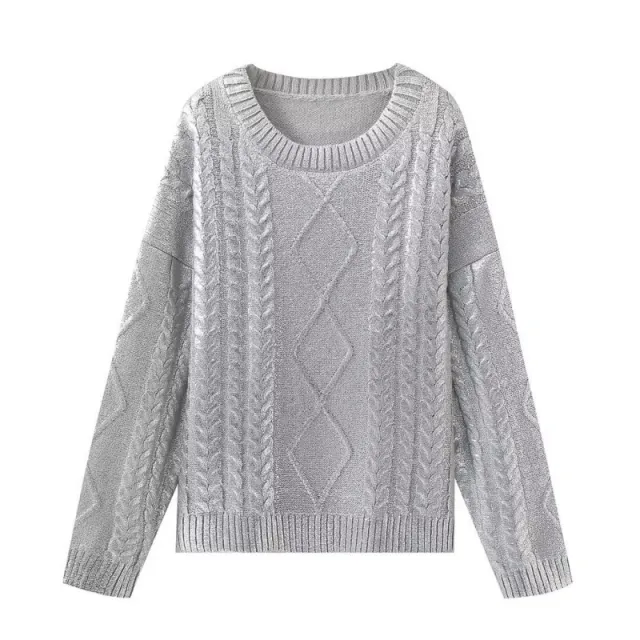 Retro Crew Neck Long Sleeve Rhombus Metal Foil Woven Sweater Silver - Shop at LoveMi