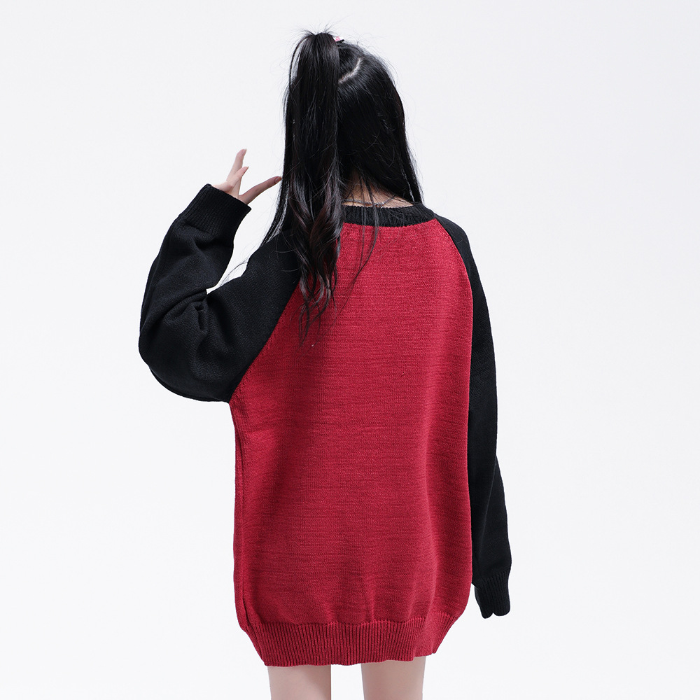 Color Contrast Patchwork Cross Print Inkjet Round Neck Sweater