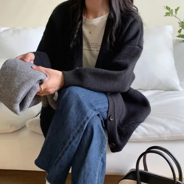 Korean Version V neck Knitted Cardigan Loose Sweater Coat Black - Shop at LoveMi