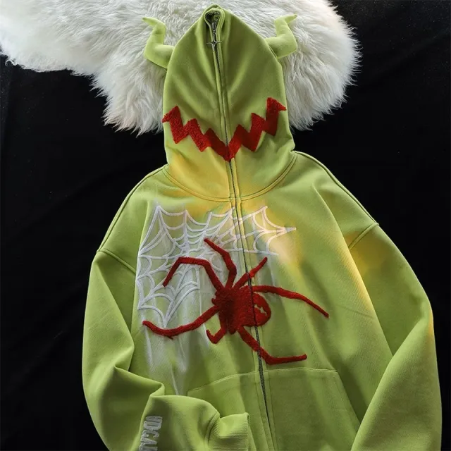 Spider Printed Hoodie Women's Cardigan Jacket Green - Shop at LoveMi