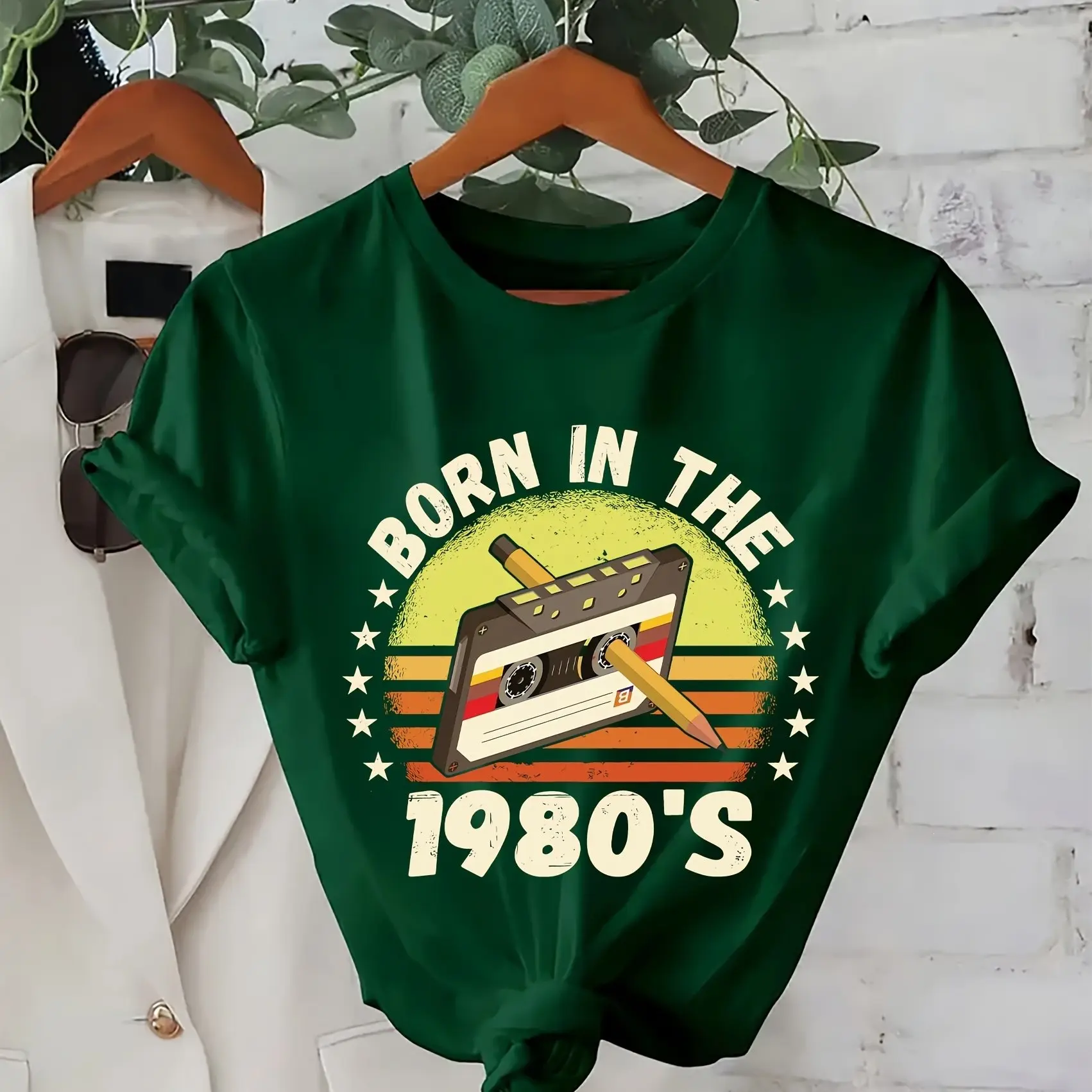 Retro Cassette Tape Print 1980s-style Crew-neck Short-sleeve