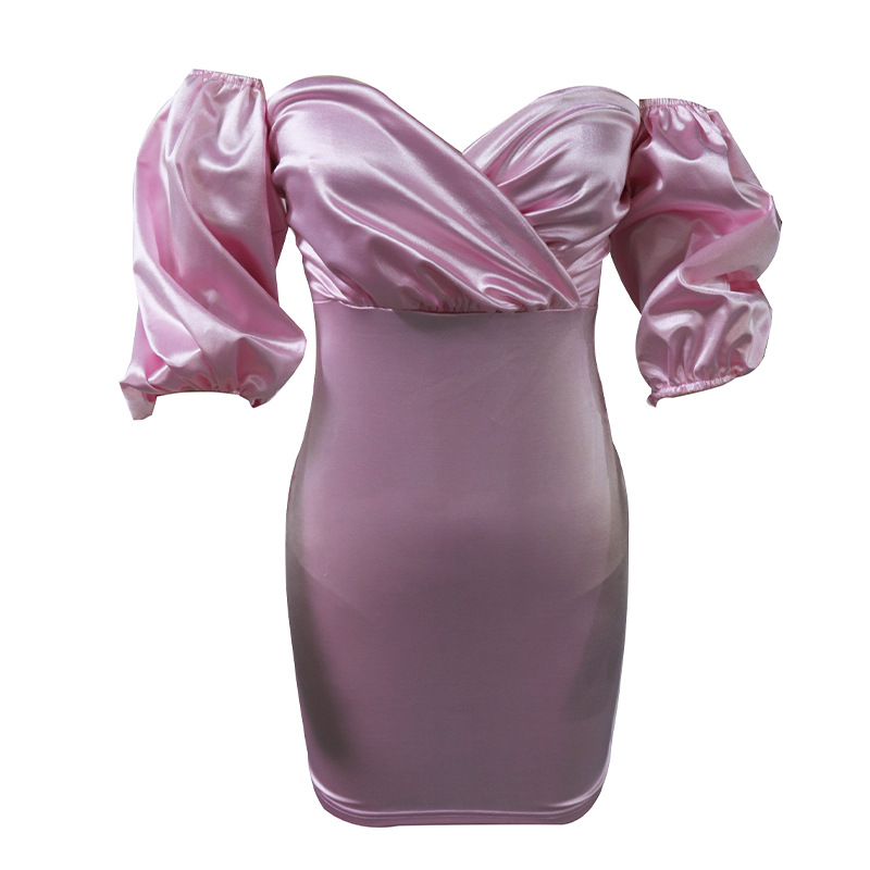 Pink Off-Shoulder Satin Balloon-Sleeve Mini Dress — product details and sizing image 8