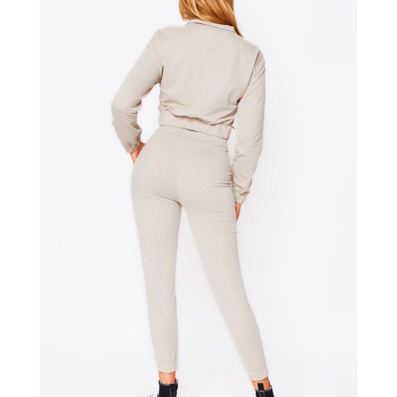 Zipper Design Long Sleeve Top Drawstring Pants Casual Suit