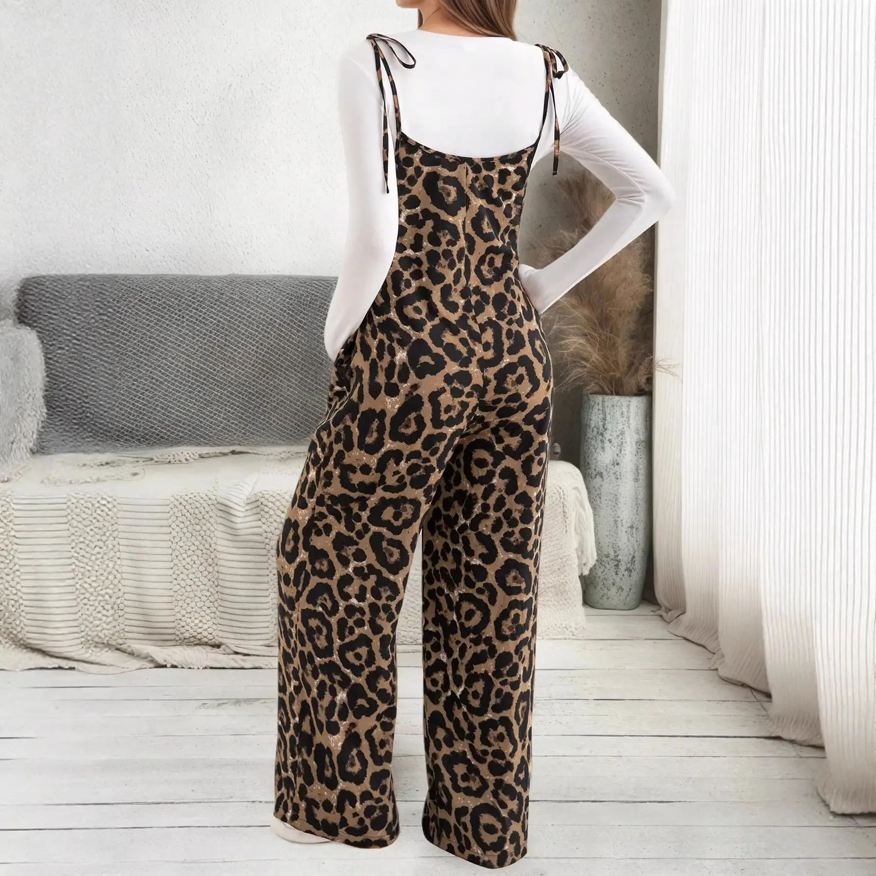 Adjustable-strap Wide-leg Pants Casual Jumpsuit