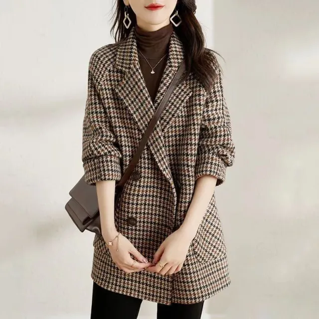 Suit Collar Houndstooth Woolen Coat Woman Khaki - Shop at LoveMi