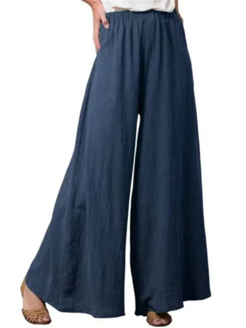 Women's Cotton And Linen Loose Wide-leg Pants Oversized Casual Trousers - Navy