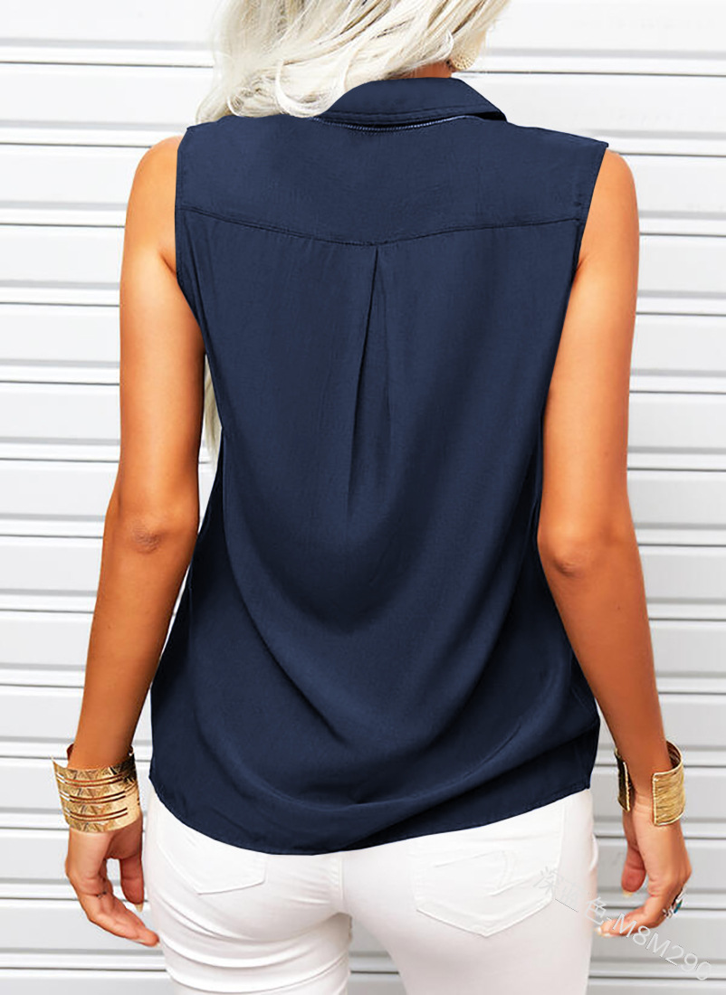 Women's lapel collar top in army green – sleeveless loose fit with side pockets