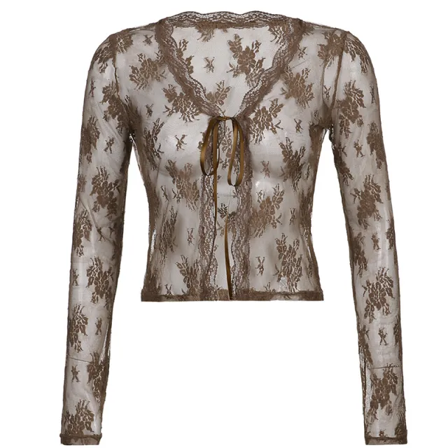 Lightly Mature Outer Tops Lace Lace up Slim fit Long sleeved Cardigan Brown - Shop at LoveMi